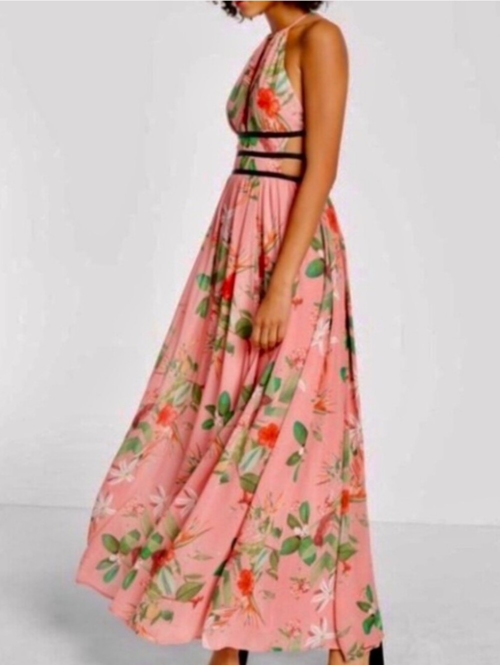 Express Pink Floral Chiffon Halter Cutout Waist Keyhole Maxi Dress Size Large